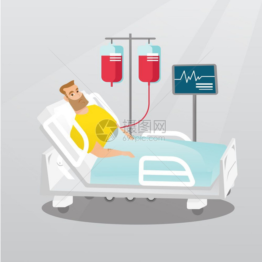 在医院床上检测心跳和输血的男青年卡通矢量插画图片