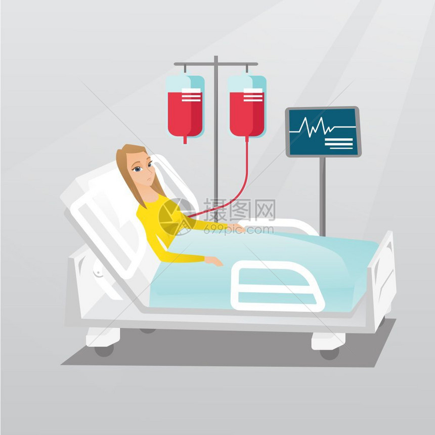 在医院床上检测心跳和输血的女青年卡通矢量插画图片