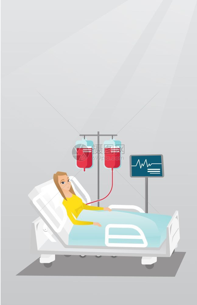 在医院床上检测心跳和输血的女青年卡通矢量插画图片