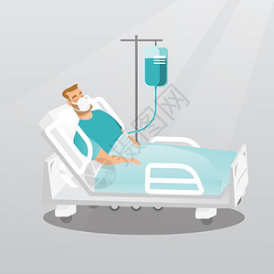 在医院床上躺着吸氧输液的男青年卡通矢量插画插画