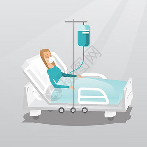 在医院床上躺着吸氧输液的女青年卡通矢量插画插画