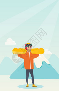 连城冠豸山骑着滑雪的黑人男子在雪冠山顶背景上拖着滑雪的嬉戏运动员青年滑雪矢量平板设计图垂直布局持有滑雪的黑人运动员插画