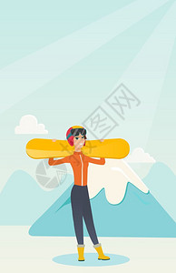 连城冠豸山骑着滑雪车的女运动员在雪冠山顶上拖着滑雪车年轻女运动员滑雪矢量平面设计图垂直布局手持滑雪车的女运动员插画