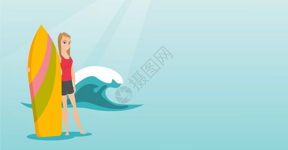 西冲海滩在海浪背景上持冲板的年轻女人插画