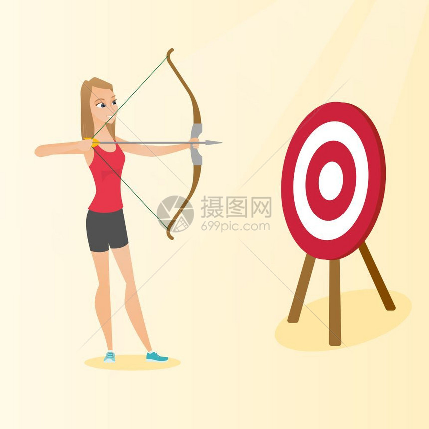 在射箭比赛中的女运动员卡通矢量插画图片