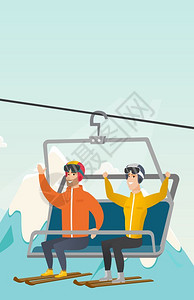 单椅组合坐在缆车上举起手的人插画