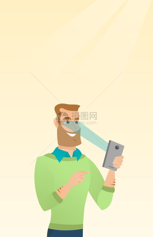 使用智能移动电话和视网膜扫描仪的男子图片