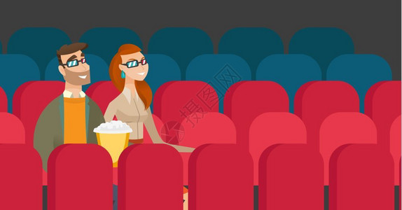 居家男性看电影在电影院看电影的年轻夫妇插画