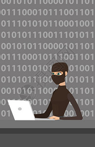黑客编程使用笔记本电脑窃取数据和个人身份信息矢量漫画插图垂直布局黑客用笔记本电脑窃取信息插画