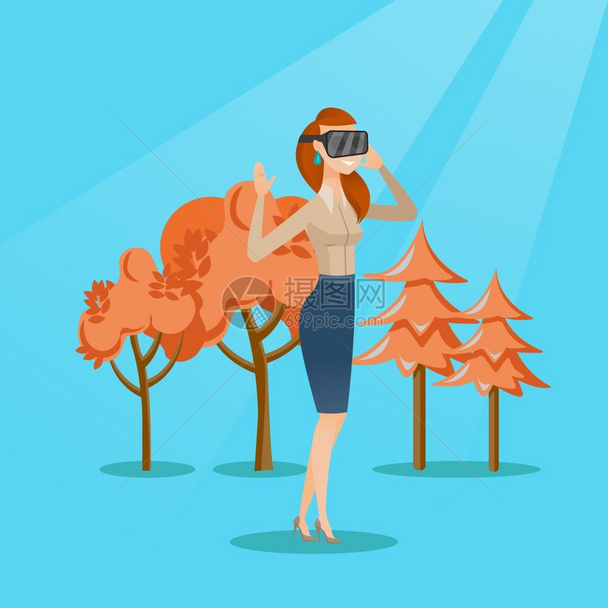 使用虚拟现实眼镜在公园玩游戏的女人图片
