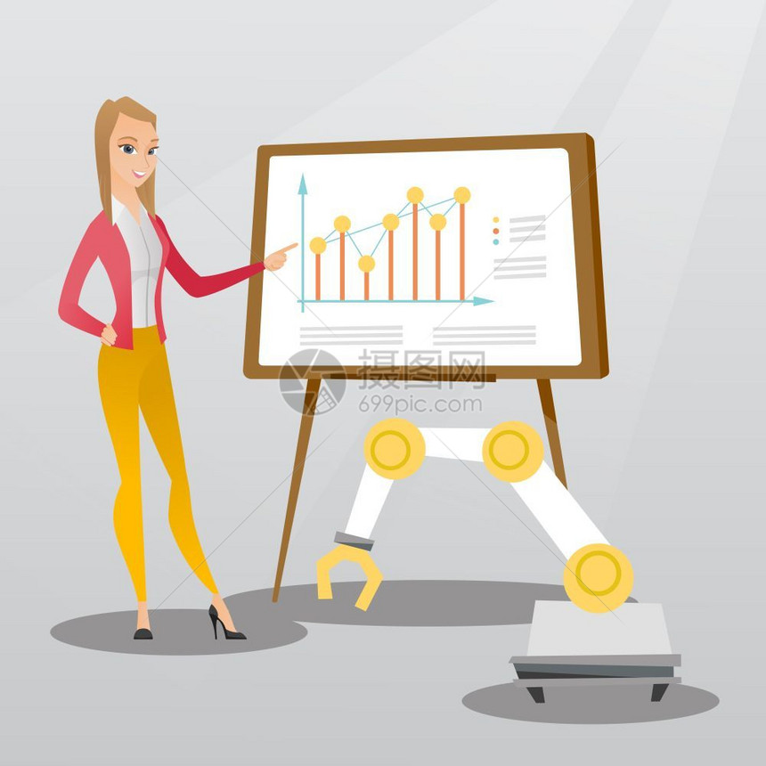 商业妇女与机器人手臂站在板上的背景附有图表矢量漫画插图方形布局妇女和机器人展示商业图片