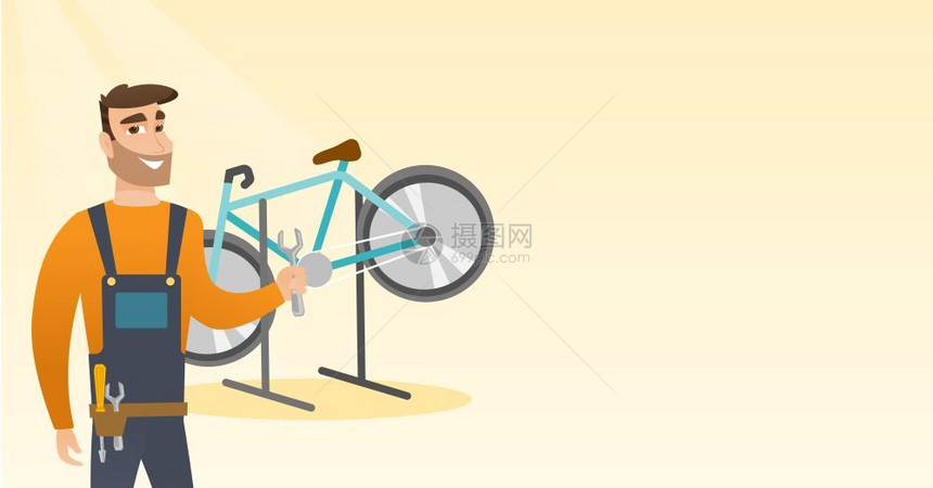 causin自行车机械师展示了破损自行车背景的打手修理车间自行的技师修理自行车的机械师矢量漫画插图横向布局修理车间的causin图片