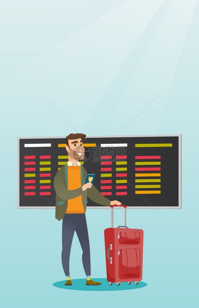 在机场等待飞行并持有护照的年轻民航飞机乘客带手提箱和护照站在机场的时装男子带手提箱和护照的矢量漫画垂直布局持有护照的民航飞机乘客图片