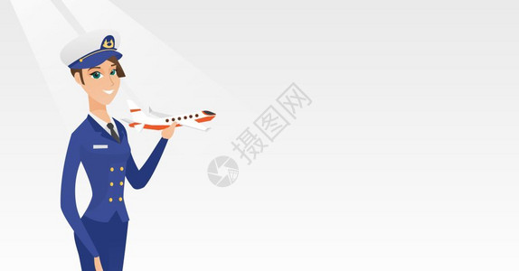 年轻的天主教航空飞行员手持机模型快乐的女航空飞行员穿制服微笑的飞行员拿着机模型矢量漫画插图水平布局愉快的航空公司飞行员拿着机模型插画