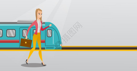 欧洲火车在火车站的平台上行走的年轻天主教女商人携带公文包的女商人走出火车站矢量卡通插图横向布局年轻妇女在火车站平台上行走插画