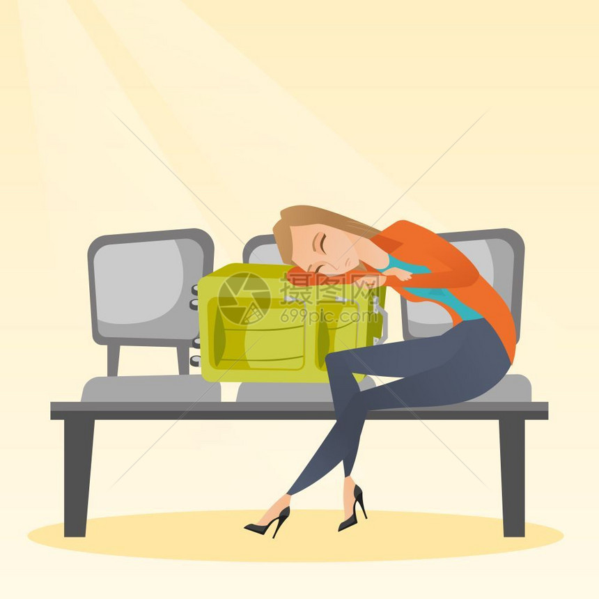 在机场睡手提箱上年轻疲劳妇女等待飞行睡在机场的手提箱上矢量卡通插图广场布局疲劳妇女睡在机场的手提箱上图片