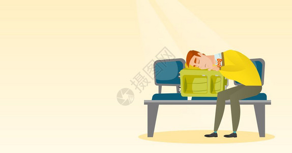 休息的男人在机场睡手提箱上年轻的疲劳男子等待飞行睡在机场的手提箱上矢量卡通插图水平布局疲劳男子睡在机场的手提箱上插画