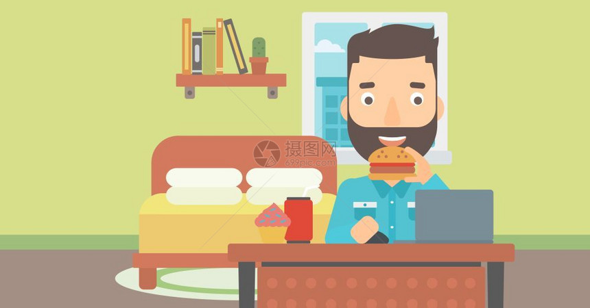 一个长着胡子的嬉皮士在笔记本上工作却在食用垃圾品时在卧室矢量公寓设计图的背景下水平布局男人吃汉堡包图片