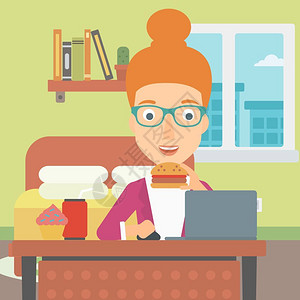 不健康工作一边汉堡包一边在卧室工作的女人插画