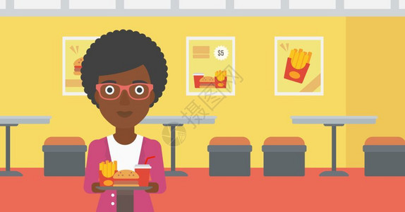 一位非洲美国女在咖啡馆背景矢量平面设计图示上拿着满盘垃圾食品的子图片
