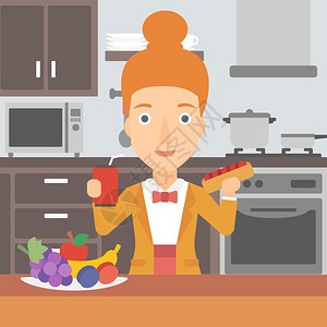厨房设计图一位妇女只手拿着热狗另一只手拿着苏打水坐在厨房背景矢量平板设计图上方形布局有快餐的妇女插画