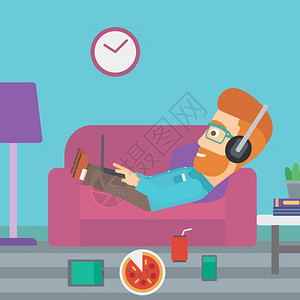 维托沙坐在客厅沙发上戴耳机的时髦男子插画