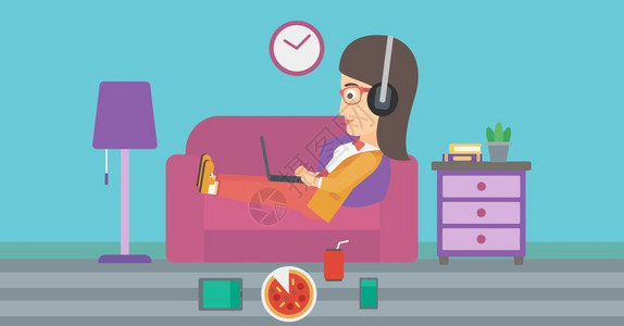 切尔尼夫坐在客厅沙发上戴耳机的妇女带电子装置和快餐矢量平板设计图示横向布局插画