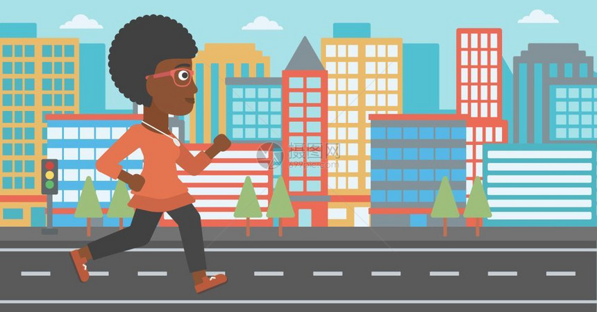 一名非裔美国人在城市背景矢量平面设计图上慢跑图片