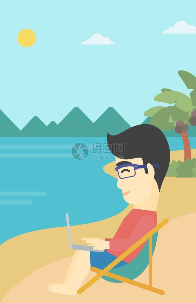 一名亚裔青年商人在海滩上工作商人坐在沙发休息室笔记本电脑上工作矢量平板设计图纵向布局商人在海滩上从事笔记本电脑工作图片