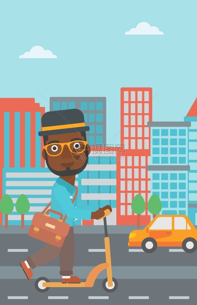 一名非美男子骑着公事包在城市背景矢量平面设计图示上工作图片