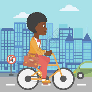 美国工人一名拥有公文包的非洲美妇女骑着公文包从事城市背景矢量平面设计插图广场布局妇女骑自行车上班插画