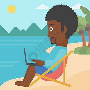 美国 沙滩一名非裔美国人商坐在沙滩上发休息室的滩上在笔记本电脑矢量平面设计图上工作插画