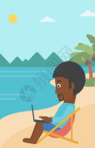 美国 沙滩一名非裔美国人商坐在沙滩上发休息室的滩上在笔记本电脑矢量平面设计图上工作插画