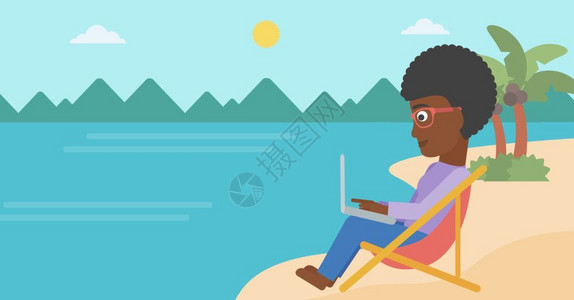 美国 沙滩一位非裔美国女商人坐在沙滩上发休息室笔记本电脑矢量平面设计图上工作横向布局一位女商人坐在沙发休息室用笔记本电脑插画