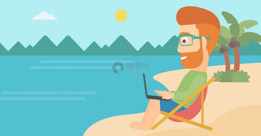 坐在沙滩上的长胡子商人坐在沙滩上丘休息室笔记本电脑矢量平面设计图上工作横向布局商人用笔记本电脑坐在沙滩上图片