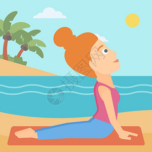 海边栈道地板一名在海边矢量平面设计插图上做瑜伽的女子插画