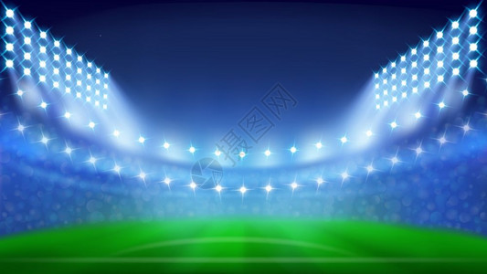 绿色灯光运动场以绿草座位和灯光为模糊的体育场以绿草座位和灯光为体育场以游戏布局为现实的三维插图插画