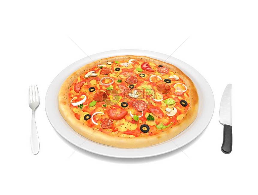 白色盘子上美味的比萨白色盘子上有刀和叉白色底盘上隔离着叉子白色盘上有披萨图片