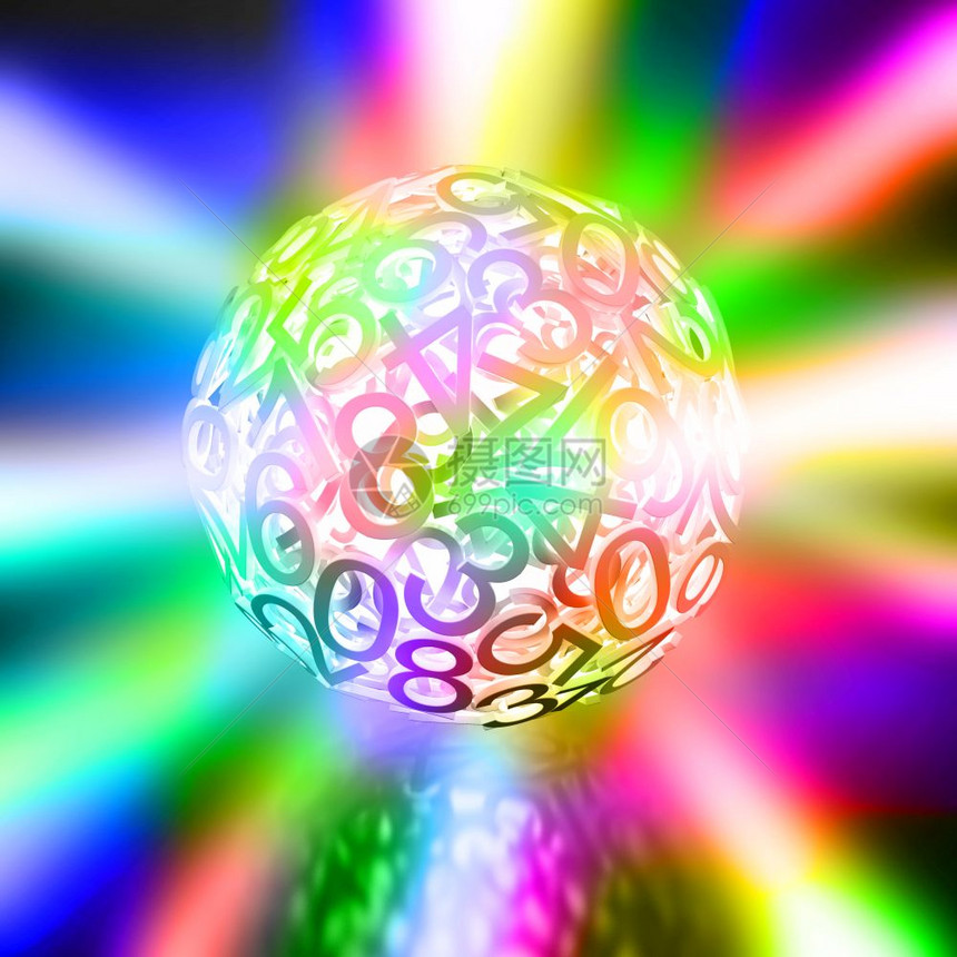在多彩闪光背景上形成球体的随机数字图片