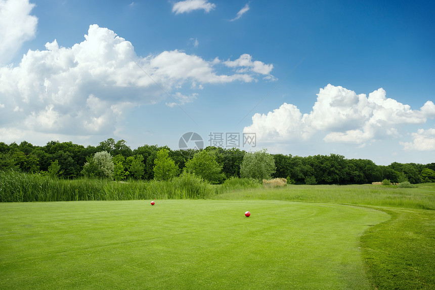 蓝天白云下的高尔夫球场图片