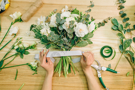 女花匠手用剪枝机切花顶视图花卉业务装饰工具花匠用剪枝机切花背景图片
