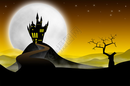 橙色万圣节城堡遥远的中世纪城堡长的路对抗月亮背景