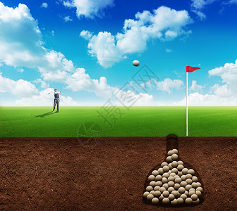 生意人打高尔夫球到洞里面有一大堆球生意人打高尔夫球图片