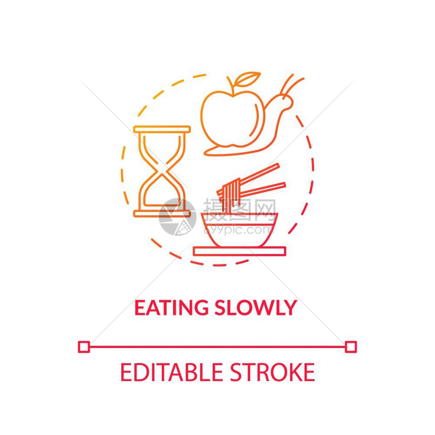 注意营养观念细线插图彻底和仔细的食物消费享受饮食矢量孤立的大纲rgb彩色图画图片