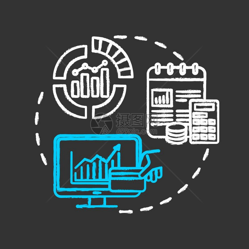 统计分析营销研究商业利润率设想黑背景的矢量孤立黑白板图示图片