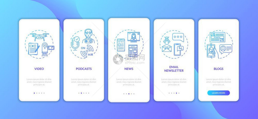 包含概念的移动应用程序页面屏幕上的数字内容创建者podcast博客新闻写作横穿5步图形指示ui矢量模板配有rgb色彩插图图片