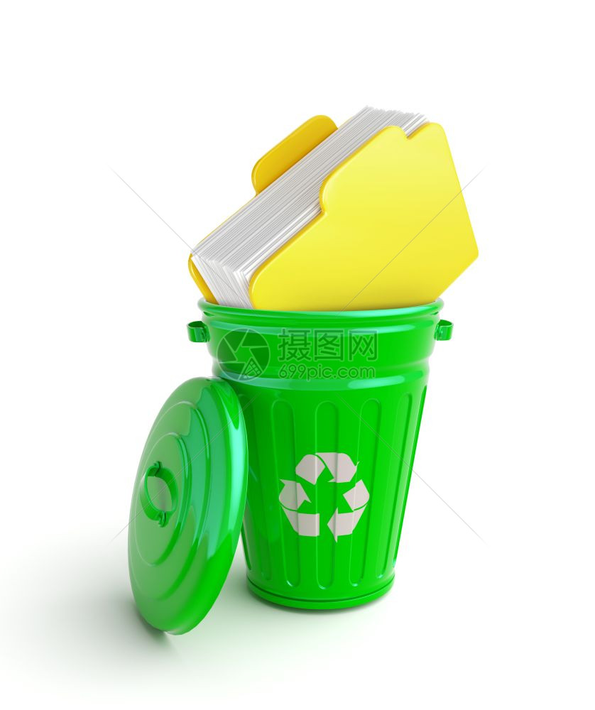 绿色垃圾箱文件夹纸面在白色上被孤立的纸张绿色垃圾箱文档图片