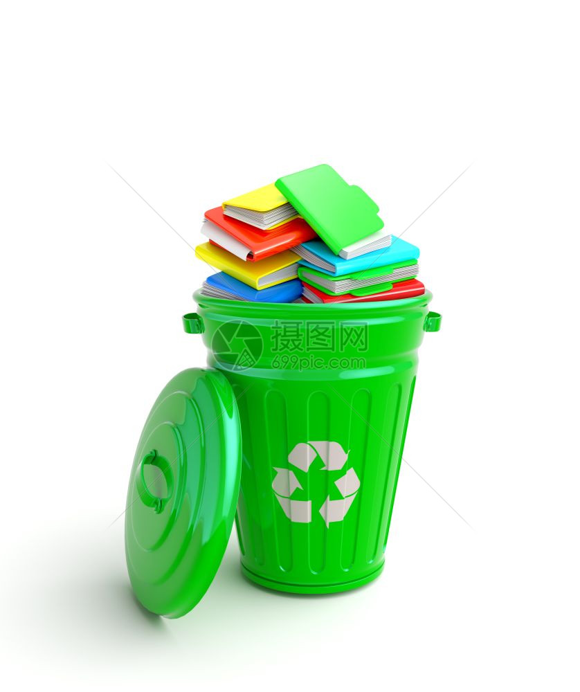 绿色垃圾箱许多笔记本被隔离在白色上绿垃圾箱和笔记本图片