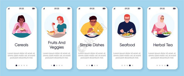 各种营养选择膳食带有平板字符的餐饮选择智能手机卡通菜单uig图片