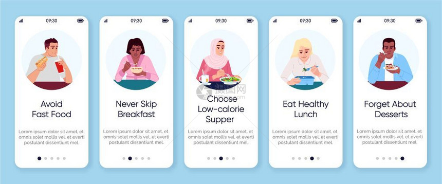 健康营养计划在手机应用程序屏幕矢量模板上登机均衡的饮食建议和小费与平板字符一起在网站上走过的步骤食物消费智能手机卡通uxig图片